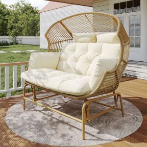 Fauteuil Suspendu 2 Places Chaise &agrave; Bascule De Jardin Chaise Pivotante DExt&eacute;Rieur En Forme D&oelig;Uf Balcon  Couleur Bois DOrigine
