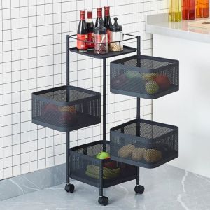 Desserte à Roulettes 4 Paniers Chariot à Roulettes Dépliables Meuble pour Cusine Salle de Bain Bureau Acier Noir