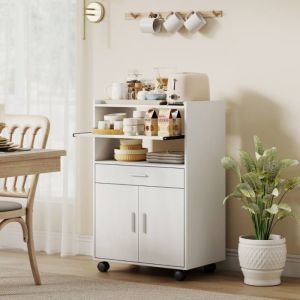 Desserte Billot Meuble micro-ondes blanc avec &eacute;tag&egrave;re 2 portes et tiroir sur roulettes - Rangement pratique 59x40x92cm