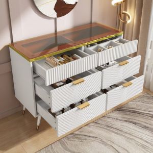 Commode 6 tiroirs 120x40x76cm Meuble de rangement Buffet bas avec poignées pieds en métal pour salon chambre - blanc