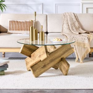 Table basse ronde de salon 79 cm-plateau verre tremp&eacute; 8 mm pi&eacute;tement MDF effet bois naturel-HAUSS SPOLE