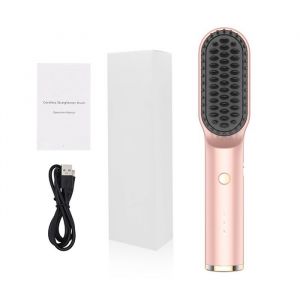Brosse &agrave; lisser les cheveux sans fil Portable avec 3 temp&eacute;ratures brosse &agrave; lisser et bigoudi chauffante 2 en 1 pour femmes Rose