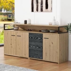Buffet industriel 3 portes 3 tiroirs-Commode Armoire de cuisine-Buffet haut avec poignées métalliques-150x35x75.9cm Noir+Bois