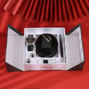 SHARPHY Coffret montre homme + ceinture + stylo + boutons de manchette + porte-cl&eacute;s - bracelet en cuir haute qualit&eacute; cadeau de No&euml;l