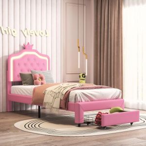 Lit fille 90x200 cm avec led et tiroir lit 1 place avec sommier à lattes style moderne tissu en PU rose