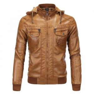 Veste Hommes PU cuir de grande taille &agrave; capuche plus de velours XH553 Marron - MOBIGARLAN - Homme - Adulte