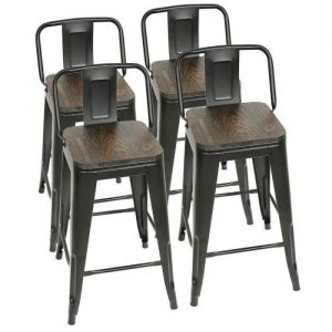 Tabouret de bars LUXS - Structure en fer - Coussin en bois - H63.5-84cm - Lot de 4