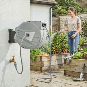 Enrouleur Tuyau Arrosage Mural 40+2 m x &Oslash; 15mm D&eacute;vidoir de Tuyaux dEau R&eacute;tractable Automatique Pivotant &agrave; 180&deg; Gris