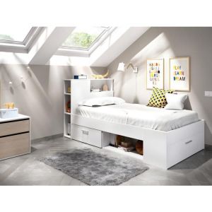 Lit avec tête de lit rangements et tiroir - 90 x 190 cm - Blanc - LEANDRE