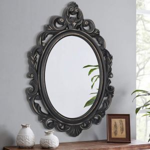 Miroir mural ovale en bois sculpt&eacute; - ESTAMPILLE - Style baroque - 60x40 cm - Sombre - Vintage - Facile &agrave; installer
