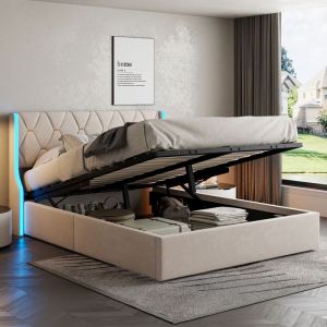 lit 140 x 190 avec sommierlit 140 x 190lit coffre capitonné avec rangement Tête de lit avec lumières LED réglablesveloursBeige