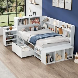 Ulife Lit simple blanc 90*200 cm lit multifonction avec tiroirs bibliothèque et casier sommier à lattes sans matelas