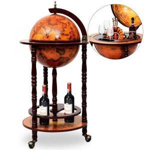 DREAMADE Bar Globe Terrestre MappemondeCasier/Support à Vin/Bouteilles en Bois avec 3 roulettes pour SalonChambreCuisine (Marron)