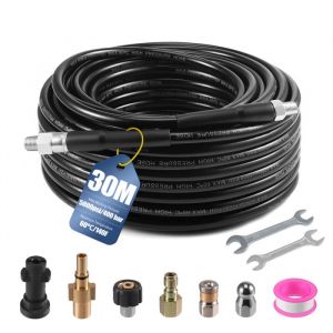 Tuyau haute pression de 30 m D&eacute;boucheur de canalisations haute pression 400 bars / 5800 PSI 4 adaptateurs 2 buses