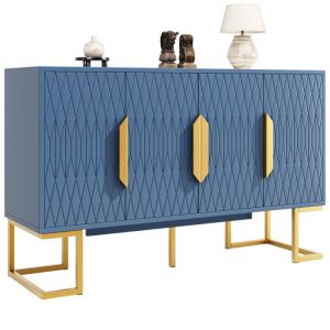 Buffet bas 140 x 40 x 80 cm meuble de rangement 4 portes avec &eacute;tag&egrave;res r&eacute;glables MDF et m&eacute;tal bleu