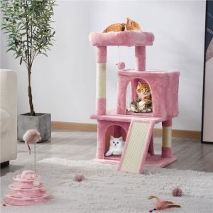 Arbre &agrave; Chat Tour avec Griffoir Rose - 1 Platforme et Colonne en Sisal 2 Niches 1 Boule de Peluche - 49 x 455 x 91 cm - Yaheetech