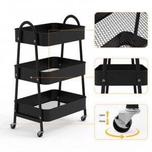 Desserte de cuisine &agrave; roulettes QUIIENCLEE43*30*76.5cm roulettes &agrave; 360&deg; 3 niveaux desserte de rangement acier carbonenoir