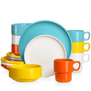 LOVECASA S&eacute;rie SWEET KDS-15 Service Complet de Table 16 pi&egrave;ces bord deboutempilableen porcelaine pour 4 Personnes - Multicolore