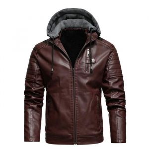 Veste Hommes &agrave; capuche en PU Cuir Moto de Bomber avec velours - MOBIGARLAN - Bordeaux/Marron - Grande Taille