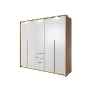Armoire Chambre double penderie et étagères 2 portes 3 tiroirs 220cm Blanc et Chêne - LYAN
