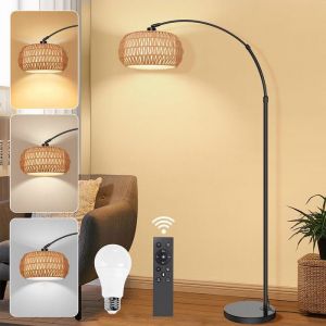 Lampadaire Salon avec Abat-Jour Rotin - Variateur Infini élécommande/APP/Pédale Bras 360° & Hauteur Réglable Arc Base Marbre