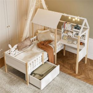Lit cabane enfant 90x200 en bois avec bureau L et bibliothèque rangement barrière et tiroirs à roulettes pour garçon fille blanc