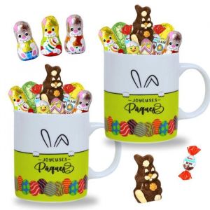 2 Tasses garnies de 20 chocolats de P&acirc;ques: KINDER Schokobons Moulage Lapin Figurines et &OElig;ufs  Pr&ecirc;t &agrave; Offrir