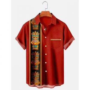 Chemise Hawa&iuml;enne Homme Manches Courtes Funky Chemise Ete Imprim&eacute; Plage Poche Avant Grande Taille - Taille EU - Rouge