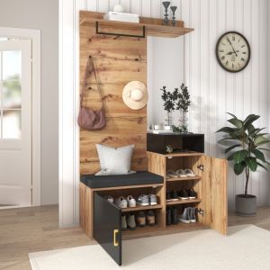 Porte Manteaux 4 en 1 Meuble dEntrée avec Banc à Chaussures à Porte 5 Crochets 6 Compartiments Miroir Vestiaire pour Couloir