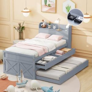 Lit simple 90x190 - MARQUE - Bois massif - Tiroir extensible - Table de chevet avec USB - Gris