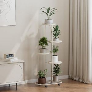Support pour fleurs -BLANC- 5 &Eacute;tag&egrave;re &agrave; plantes - En m&eacute;tal - Avec roulettes - Pour salon balcon et bureau- 50 X 25 X 104CM