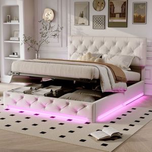 Cadre de lit 140x190 cm avec Rangement 3 LED Lit Double Capitonn&eacute; avec Tete de lit Lit 140x190 Lin Beige
