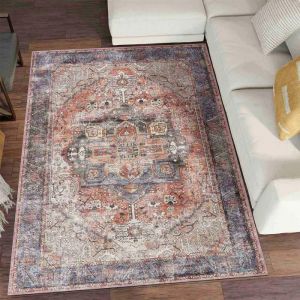 Tapis cuisine 80 x 150 cm rose bleu beige kilim motif oriental original et hydrofuge