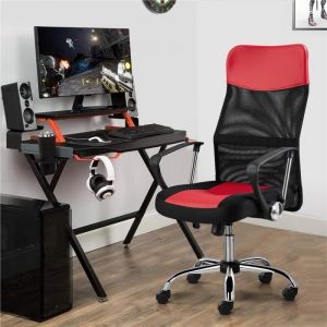 Yaheetech Chaise de Bureau Ergonomique Pivotant Fauteuil de Bureau Dossier en Maille et Imitation Cuir avec Accoudoirs Noir Rouge