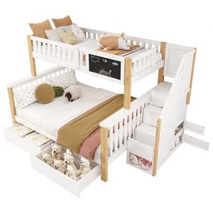 Lit superposé enfants 3 places 90*200/140*200lit double avec 2 tiroirs et Escalier avec rangement  blanc+chêne clair