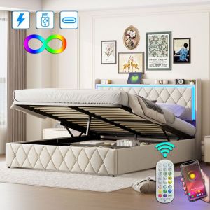 Lit double LUMINARIX 160x200 cm - Coffre avec &eacute;clairage LED - Ports USB et Type-C - M&eacute;canisme &agrave; gaz