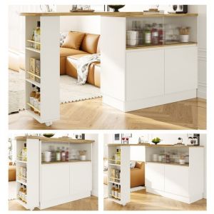 Table de bar extensible Table Haute pivotant L120-180XW45XH100cm Table debout avec 2 porte 3 étagères -MDF-Blanc