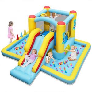 DREAMADE Château Gonflable Enfants avec Toboggan Zone de Saut Tunnel Panier de Basket Fosse a Balles Jeu de Lancer dAnneaux