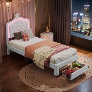 Lit enfant 90x200 cm &laquo; Couronne &raquo; LED blanc avec tiroir sommier &agrave; lattes &mdash; cadre 1 place