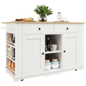 &Icirc;lot de cuisine blanc mobile avec prises - Plan de travail et rangement style bois - Buffet roulant multifonction pour cuisine