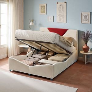 Lit coffre - Grand Lit Coffre 160x200cm - Capitonn&eacute; velours blanc cass&eacute; - Rangement pneumatique XXL - LED RGB