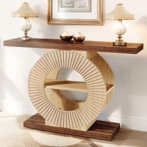 Table console Base ronde - 100&times;30&times;80 cm - Avec &eacute;tag&egrave;res - Convient pour le salon derri&egrave;re le canap&eacute; lentr&eacute;e le couloir