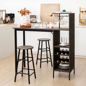 GIANTEX Ensemble Table Haute avec 2 Tabourets de Bar,Mange Debout avec 6 Étagères et Porte-Bouteilles,pour Salle à Manger,Marron