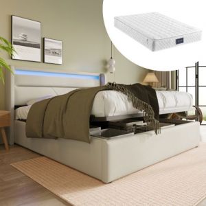 KoDise Lit coffre 160x200 cm Lit adulte Lit capitonn&eacute; - avec &eacute;clairage LED - sommier &agrave; lattes - pu - blanc - avec matelas