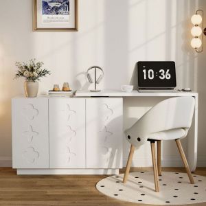 Bureau Blanc Pivotant en L - avec Meuble de Rangement pour Bureau Gain de Place - 110 x 40 x 75 cm