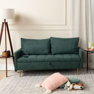MEUBLES COSY Canapé 2 Places Canapé Fixe avec Coffre et port USB Style Scandinave en tissu Vert et Pied chromé en or 152x72xH83cm