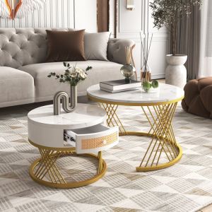Table basse salonLot de 2 marbre Table basse gigogne Ronde 70x70x45.5+50x50x38.5cm Blanc et or