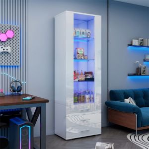 DRIPEX Vitrine Brillante avec éclairage LEDVitrine Moderne avec 3 tiroirs et étagères de rangement en verre60*35*180cmBlanc