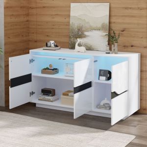 Buffet - Bahut Haut Brillant avec 3 Portes et LED &Eacute;tag&egrave;res R&eacute;glables Rangement Salon Moderne - Blanc et Noir 140x40x76 cm