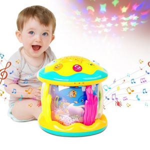 Jouet Musical B&eacute;b&eacute; - Tambour &agrave; main pour enfants - Oc&eacute;an - Projecteur - Musique - Lumi&egrave;re - Jouet d &eacute;veil pour Enfant - Jaune